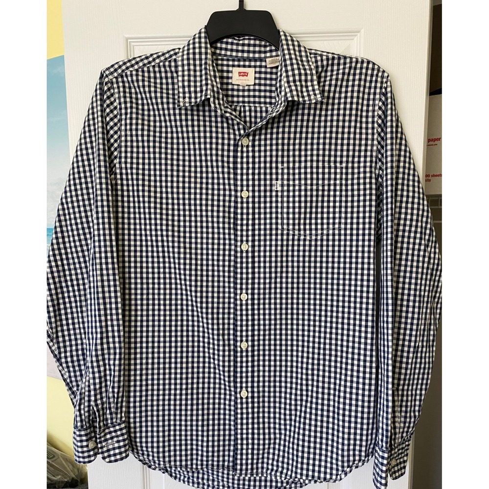 Levis Mens Shirt Blue White Gingham Check Long Sleeve Button Down Streetwear SzL